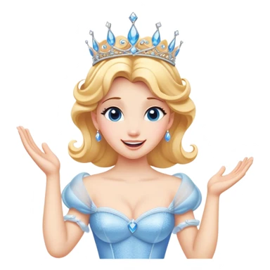 Cinematic Playful Cinderella Portrait Emoji, Blushing with excitement, hands clasped near her heart, eyes wide with anticipation, her tiara slightly askew from an unexpected twirl, a radiant princess caught in a moment of joy, utterly captivating! sticker