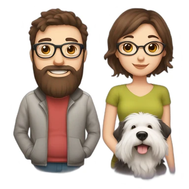 Pregnant girl with half long brown hair with glasses, a boy with long beard, glasses and short hair and english sheepdog sticker