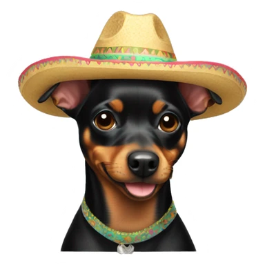 a black miniature pinscher wearing a sombrero sticker