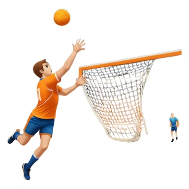 A handball thrown towards the goal, mid-air, with the goalposts and court lines in the background. The scene captures the power and precision of the throw, with the net of the goal in focus, emphasizing the dynamic action of the sport. sticker