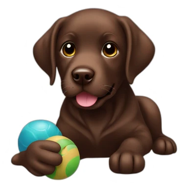 Chocolate labrador playing with toy sticker