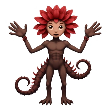 A flower like a monster with arms and legs, the body is a little bit black and the another bit brown like a demogorgon the head part red sticker