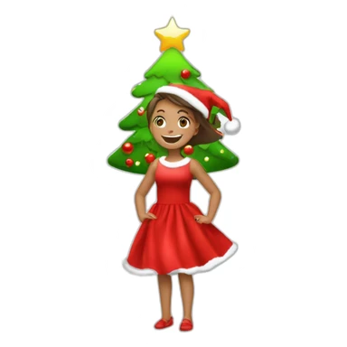 happy girl with red cristmas dress and gifts under cristmas tree sticker