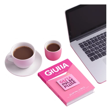 pink magazine with the title 'Guia Pulse' on the cover, next to a coffee cup and a MacBook sticker