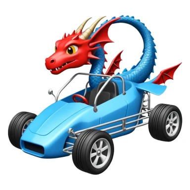 Special three cylinder race car whose frame and suspension is made of shopping cart material with a large rear spoiler is being professionally steered driven by a small thin dragon  sticker