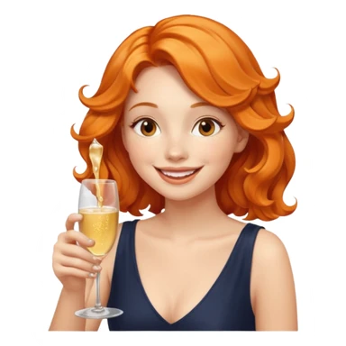 A shy young woman with orange wavy hair gently takes her first small sip of champagne, smiling with excitement. sticker