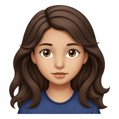 Create a emoji of a girl teen (14 years old) with dark brown hair and a little bit lighter brown in the end of the hair (but mixed) and waves in the hair, very long hair, with MEDIUM FAIR TO OLIVE skin tone, dark brown eyes, perfect nose, long eyelashes sticker