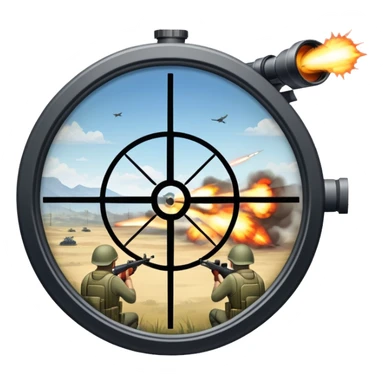 An icon symbolizing first-person shooter games. The design features a circular sniper scope view with crosshairs aimed at a distant target. The background shows a battlefield with soldiers and explosions, capturing the action-packed intensity of FPS games. Transparent background. sticker