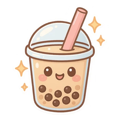 chibi sticker-style bubble tea with sparkles, cute and exaggerated sticker