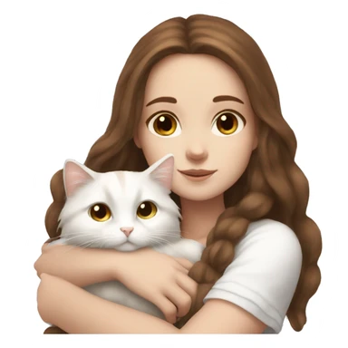 White girl with long brown hair snuggling fluffy white cat sticker