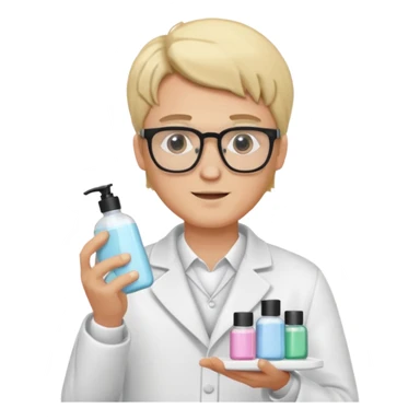 blonde man with white coat and glasses holding skincare products sticker
