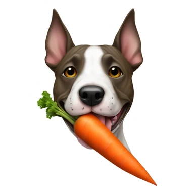 Brindle Bull terrier with a carrot toy  in mouth like a cigar only one carrot  sticker