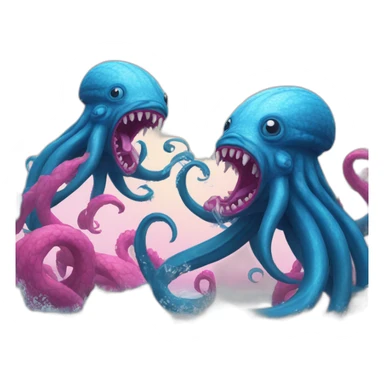 a blue kraken fighting  with another pink kraken sticker
