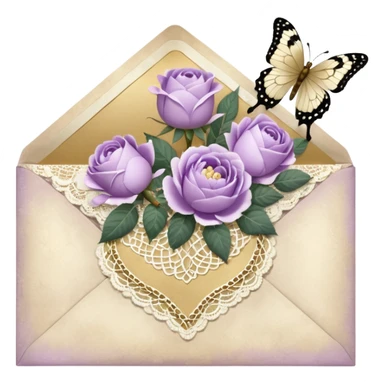 A delicate still life of an aged love letter sealed with golden wax, placed on a vintage lace doily, accompanied by a bouquet of pale purle roses and white peonies, with a shimmering pearl butterfly resting on the envelope. sticker