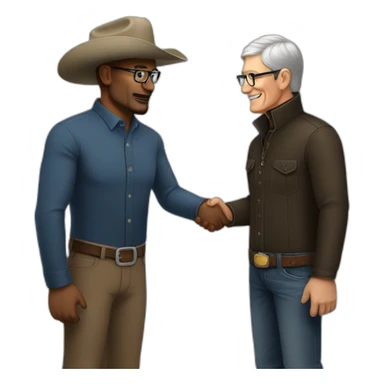 Tim Cook in turtle neck shaking hands with a cowboy sticker