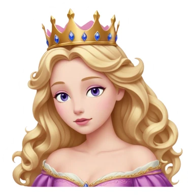 Cinematic Realistic Sleeping Beauty (Aurora) Portrait, with porcelain-like skin featuring a natural rosy flush, illuminated by soft lighting that highlights the gentle contours of her face. Her golden blonde hair flows in soft, detailed waves with subtle highlights that shimmer in the light. Her deep violet-blue eyes radiate warmth and innocence, framed by arched brows and long lashes. Her serene expression exudes quiet elegance. She is dressed in her classic pink gown, the fabric rich in texture with delicate folds that catch the light. A golden crown rests atop her head, gleaming with royal refinement. The portrait captures a soft, glowing aura, blending realism with an ethereal sense of beauty and timeless enchantment. sticker