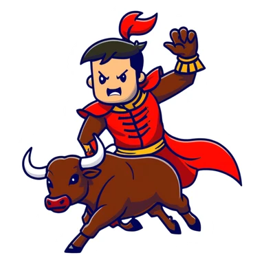 Matador in traditional costume waving red cape at angry bull sticker