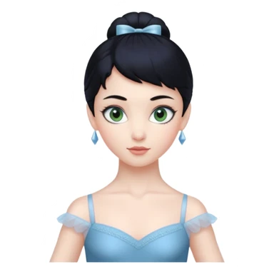 Cinematic Realistic ballerina Medium Blue Portrait, depicted with lifelike skin texture, subtle rosy undertones, and soft natural lighting that enhances the gentle contours of her face. Her intricately detailed sweet black hair is elegantly styled, green eyes sticker