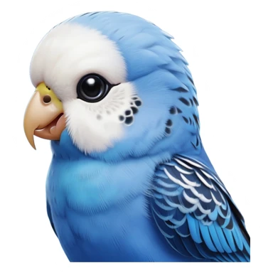 cinematic-cute-blue-budgie-portrait-emoji,-head-tilted-playfully-and-inquisitively,-featuring-a-brilliant-blue-feathered-fur-and white and black feathered face-with-a-natural-sheen,-round,-sparkling-dark-eyes-filled-with-curiosity,-simplified-yet-irresistibly-adorable sticker