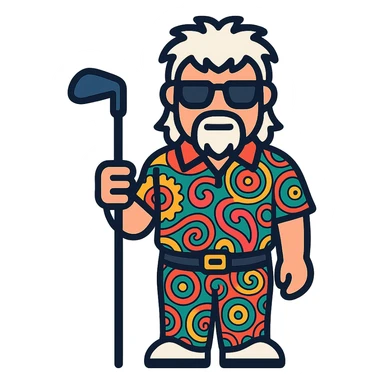 Convert the image of John Daly into a true emoji/icon style with simplified, bold lines and clear facial features. Depict him with a white spiky mullet, sunglasses, and a goatee. Dress him in a colorful patterned golf shirt and pants, holding a golf club. Use a transparent background. sticker