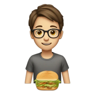A 12-year-old boy with short brown hair and glasses eats a sandwich sticker