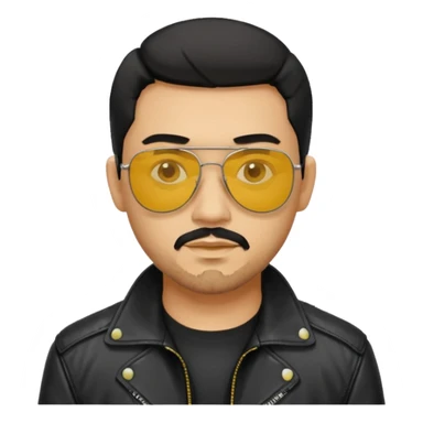 A man with middle part black hair sunglasses with yellowish glasses And black jacket. Goatee short black beard sticker