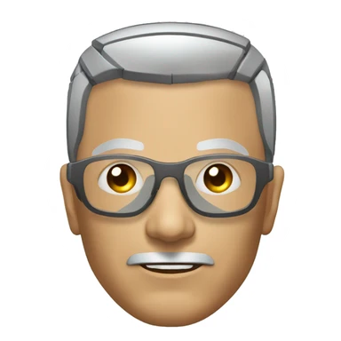 Older Male cyborg head with metallic plated face, brown flat top haircut, glasses and circuitry sticker