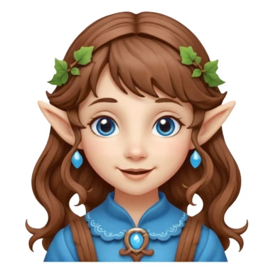 Kind happy whimsical quirky Girl toymaker, wood carving elf. Woodland creator. Blue eyes. brown hair (just below chin length) wavy hair & bangs. Whimsical playful cute sticker