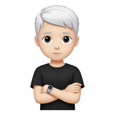 just a boy with TOTALLY WHITE SHORT HAIR (pure white like paper or snow, not gray, not blonde), wearing dark t-shirt, silver ring with black stone sticker