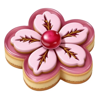 Realistic shortbread cookie in the shape of a cherry blossom with pale pink color jelly middle filling and sprinkled powder sugar on top. sticker