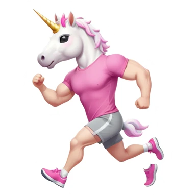 friendly anthropomorphised male white unicorn with a fit, chunky, muscular and strong physique, arms and legs matching the white of the head, in grey shorts and pink t-shirt, wearing dark sunglasses, jogging upright in a standard pose sticker