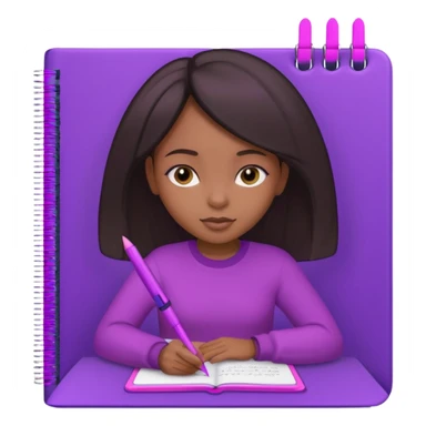 Une fille noir au cheveux lisse qui est entrain d’écrire avec un stylo rose sur un cahier violet sticker