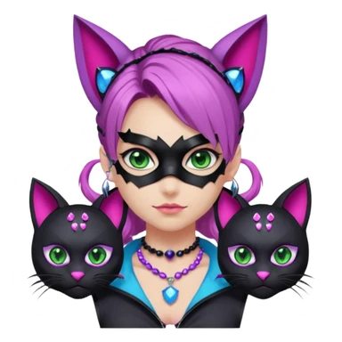 Girl with green eyes, wearing a bat mask with pink stones, and her hair tied in a ponytail, the hair is purple, blue, and pink streaks, with black cat ears with pink stones, wearing a black shirt that covers the neck, and a sleeveless blue jacket, and a necklace of pink stones sticker