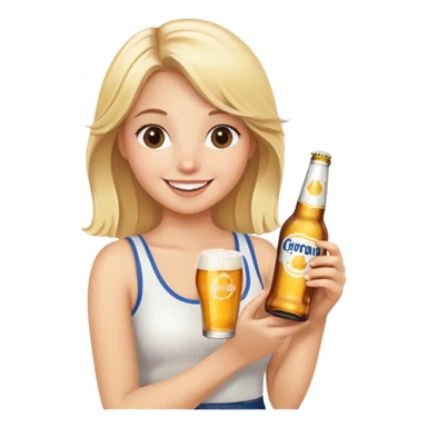 happy blonde girl with corona beer sticker