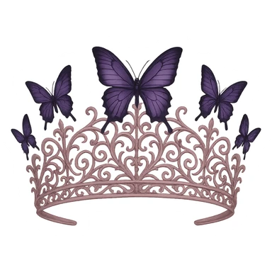 butterfly crown in matte pink, purple butterflies, gothic filigree, mysterious and elegant, transparent background sticker