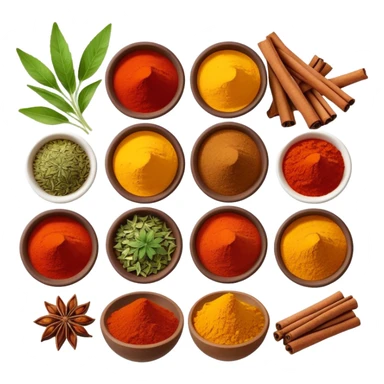 Assorted colorful spices in small bowls, including red paprika, yellow turmeric, green herbs, and brown cinnamon sticks sticker