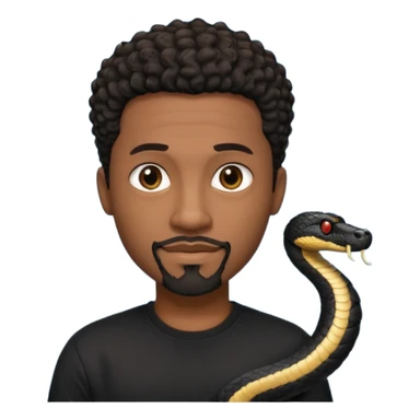 Homme noir de peau,  yeux marron avec un bouc sans la moustache, cheveux noir court et bouclé crépus avec un dégradé sur le côté, avec un cobra à côté , t-shirt noir  sticker