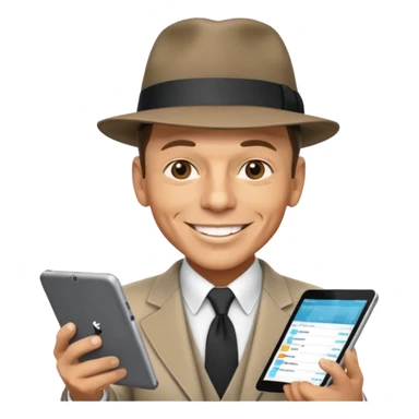Frank Sinatra with the hat on, smiling and showing data analytics on a screen in the background sticker