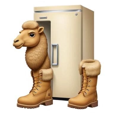 A white kitchen refrigerator with camel head poking out from an open door and furry camel legs wearing classic wheat-colored Timberland boots sticker
