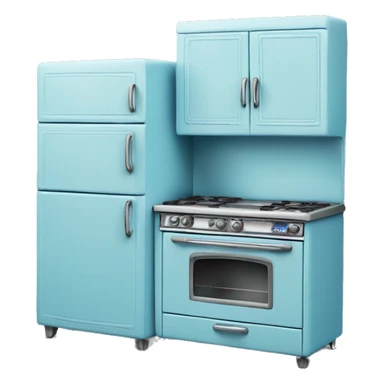 Isolated full length Realistic blue vintage retro kitchen range with cabinets and counters. sticker
