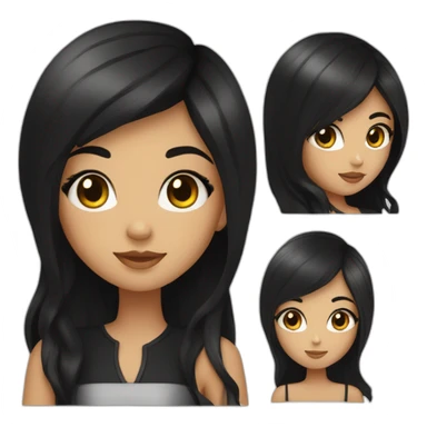 A girl not too white, not too brunette, with big straight black hair divided in the middle, with honey-colored eyes with a black dress with shine sticker