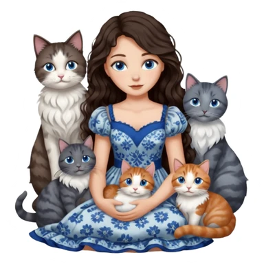 detailed realistic looking a dark grey and white cat regally sitting with six other cats, cuddling with their owner who is a pretty bratz lightly tanned white girl with long dark brown hair, blue eyes and gorgeous long wavy hair wearing a pretty detailed dress sticker