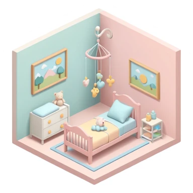 isometric baby room, Nursery with pastel walls and hanging mobile sticker