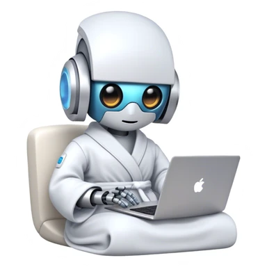 Emoji of a remote-working robot in a cozy smooth bathrobe with a laptop. The robot has a sleek helmet-like head with LED digital eyes. Relaxed yet high-tech vibe. sticker