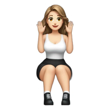 front view full body curvy caucasian beauty sitting straight hands up black skirt white knickers long white socks sticker