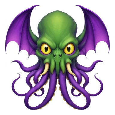 deep green Cthulhu with purple bat wings and purple gradient tentacles. Yellow angry eyes. yellow suckers on tentacles. dramatic ominous shading. two saber-teeth sticker