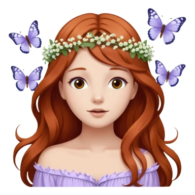 Woman with long flowing auburn hair wearing a flower crown with pale lavender flowers and white baby's breath in it and butterflies flying around it sticker
