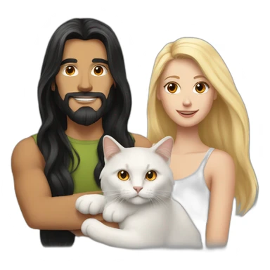 A white man with long black hair, Blonde white woman holding an orange and white cat with long hair sticker
