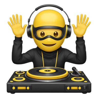 Make a customized yellow head emoji with hands and holding a dj turn table  in a  ninja face mask sticker