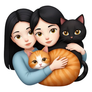 A black-haired girl hugs a ginger cat and A black cat sticker